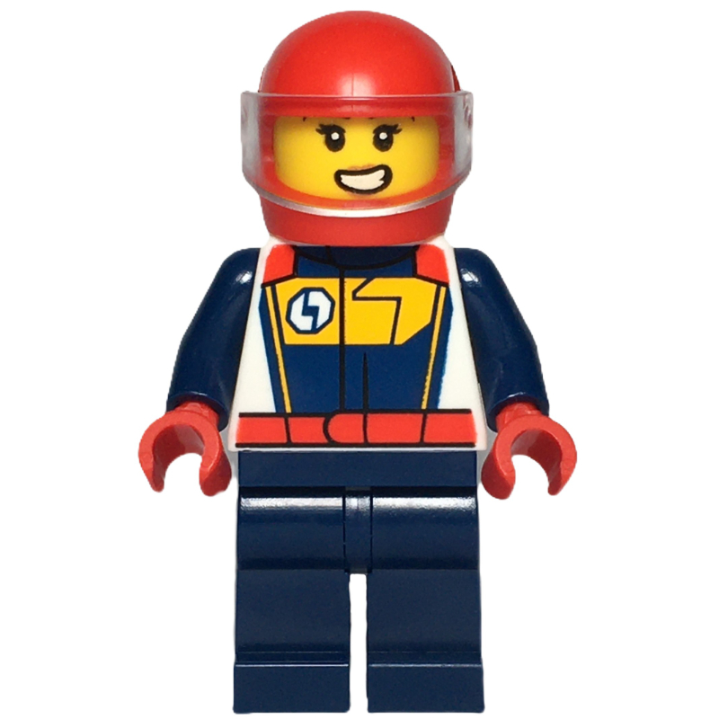 Pilote de course, costume de course bleu et blanc foncé, casque rouge avec visière (Race Driver, Dark Blue and White Racing Suit, Red Helmet with Visor)
