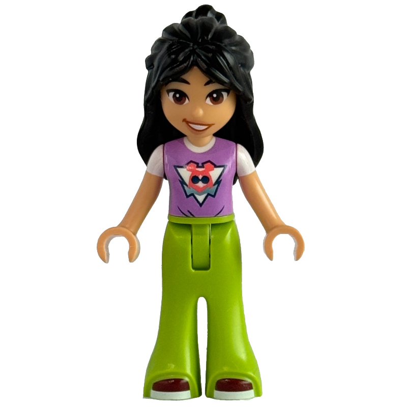 Liann — haut lavande moyen, pantalon vert citron, sourire (Liann - Medium Lavender Top, Lime Pants, Smile)