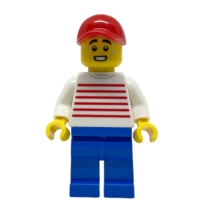 Torse rayé blanc, jambes bleues, casquette rouge (White Striped Torso, Blue Legs, Red Cap)