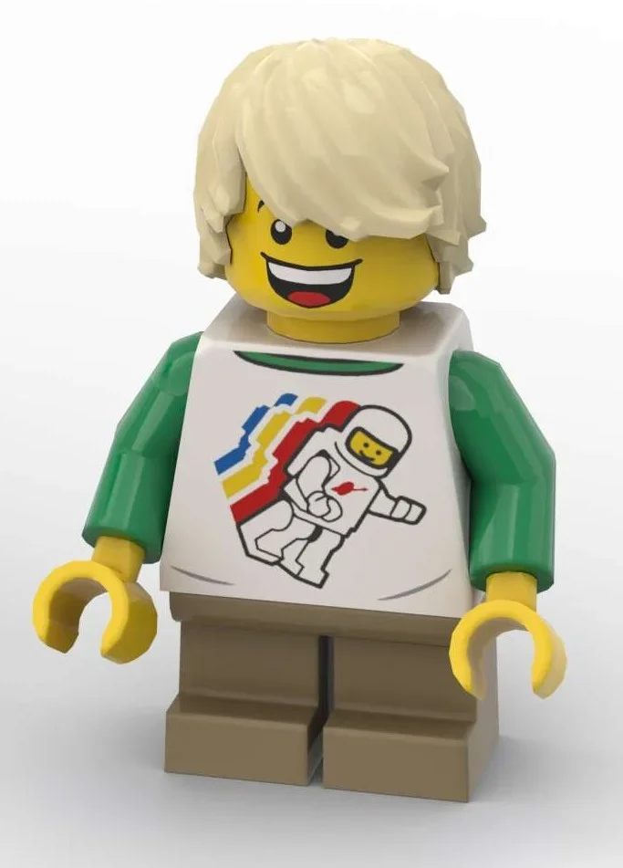 Garçon, chemise blanche avec astronaute, jambes beige foncées (Boy, White Shirt with Spaceman, Dark Tan Legs)