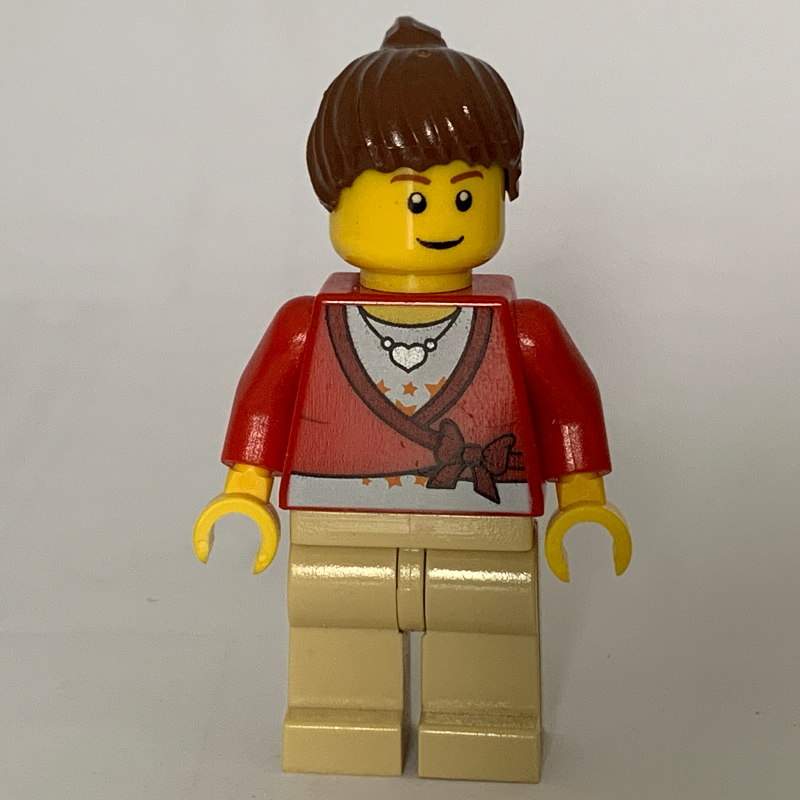 Femme - pull rouge, jambes beiges, cheveux brun rougeâtre, sourcils bruns (Woman - Red Sweater, Tan Legs, Reddish Brown Hair, Brown Eyebrows)