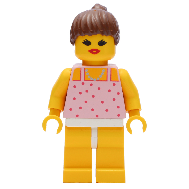Femme, haut rose avec des taches, jambes jaunes, cheveux bruns - bouche ouverte (Woman, Pink Top with Spots, Yellow Legs, Brown Hair - Open Mouth)