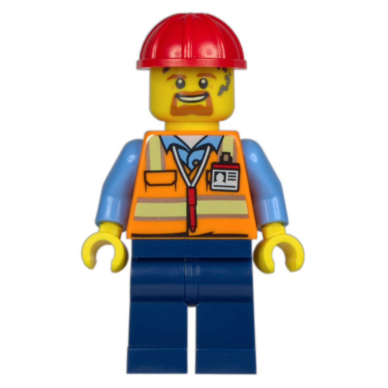 Travailleur de la construction, gilet de sécurité orange, jambes bleu foncé, casque de chantier rouge, bouc (Construction Worker, Orange Safety Vest, Dark Blue Legs, Red Hard Hat, Goatee)