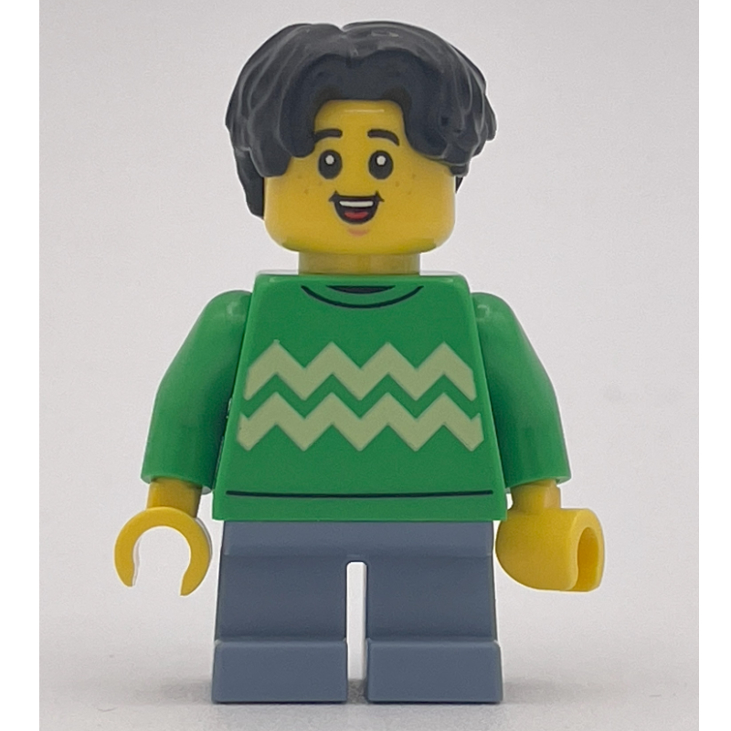 Enfant, torse vert vif, jambes bleu sable, cheveux noirs (Kid, Bright Green Torso, Sand Blue Legs, Black Hair)