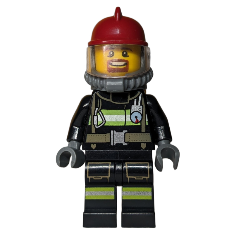 Pompier, veste de feu noir avec sangles et jauge, casque rouge foncé, bouc, bouteille d’air jaune (Firefighter, Black Fire Jacket with Straps and Gauge, Dark Red Helmet, Goatee Beard, Yellow Airtank)
