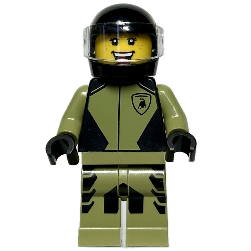 Pilote de course - costume vert olive, lamborghini, casque noir (Race Driver - Olive Green Suit, Lamborghini, Black Helmet)