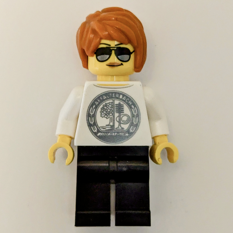 Pilote de course - torse blanc, jambes noires, cheveux orange foncé (Race Driver - White Torso, Black Legs, Dark Orange Hair)