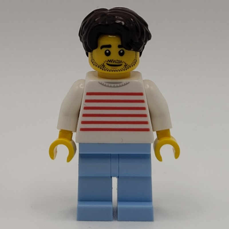 Torse rayé blanc, jambes bleu clair vif, cheveux brun foncé (White Striped Torso, Bright Light Blue Legs, Dark Brown Hair)