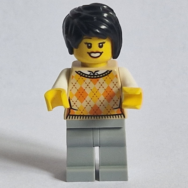 Femme, veste de pull beige argyle, jambes gris bleuté clair (Woman, Tan Argyle Sweater Vest, Light Bluish Gray Legs)