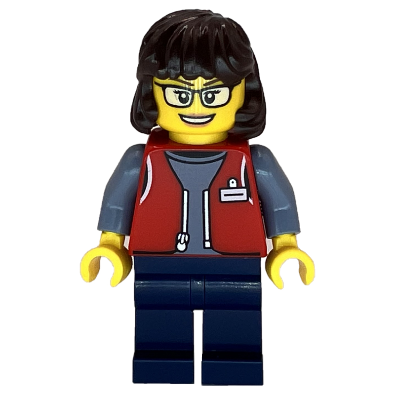 Employé LEGO, veste rouge, jambes bleu foncé, lunettes (LEGO Employee, Red Jacket, Dark Blue Legs, Glasses)