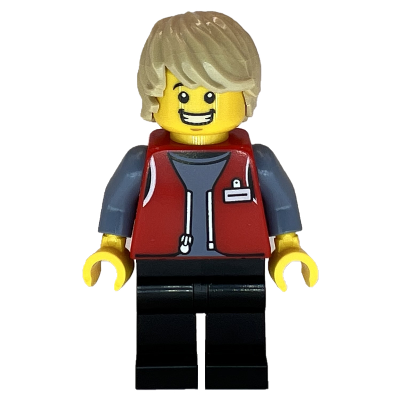 Employé LEGO, veste rouge, jambes noires (LEGO Employee, Red Jacket, Black Legs)