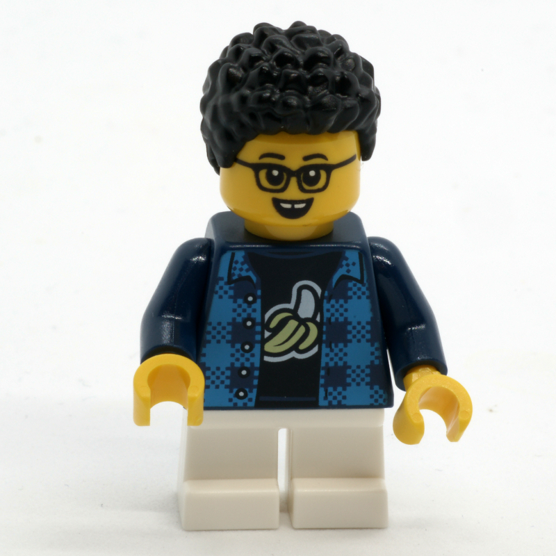 Garçon, chemise à carreaux bleu foncé, courtes jambes blanches, lunettes (Boy, Dark Blue Plaid Shirt, Short White Legs, Glasses)