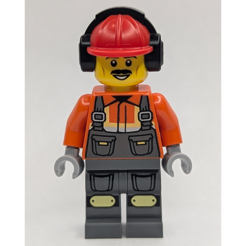 Ouvrier de chantier, chemise orange foncé, jambes gris bleuté foncé, casque de chantier rouge avec protection de l'oreille (Construction Worker, Dark Orange Shirt, Dark Bluish Gray Legs, Red Hard Hat with Ear Protection)