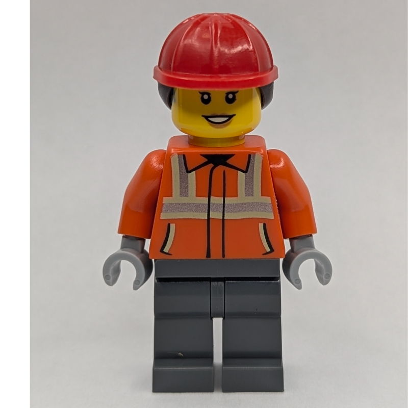Ouvrier de chantier, veste orange rougeâtre, casque de chantier rouge avec queue de cheval (Construction Worker, Reddish Orange Jacket, Red Hard Hat with Ponytail)