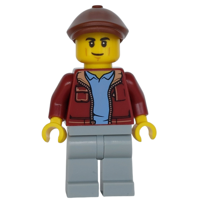 Homme, veste rouge foncé, jambes gris bleuté clair, casquette plate marron rougeâtre (Man, Dark Red Jacket, Light Bluish Gray Legs, Reddish Brown Flat Cap)