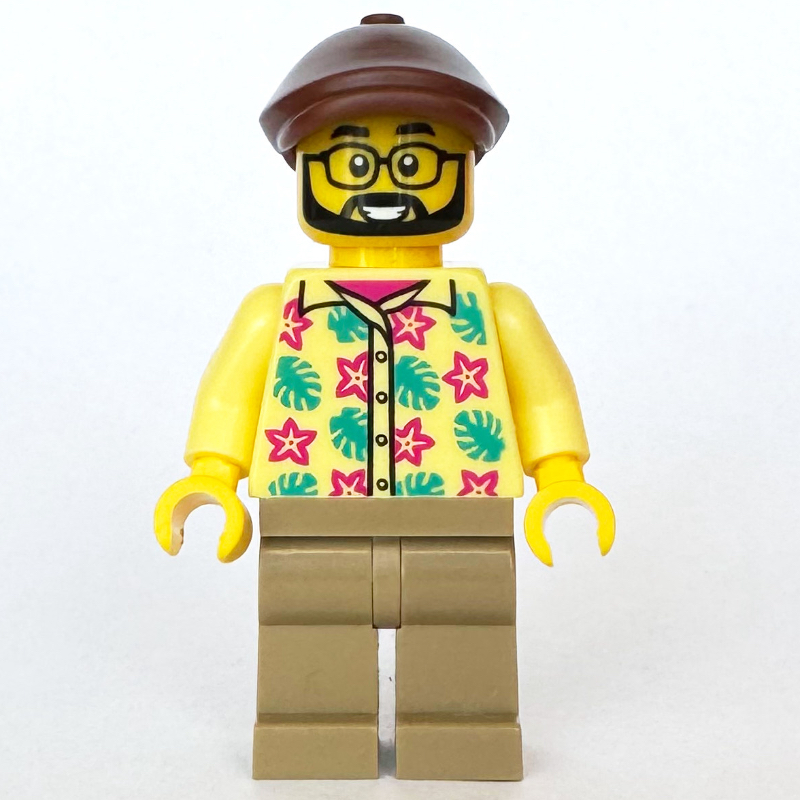 Homme, chemise hawaïenne jaune clair, jambes beige foncé, casquette plate marron rougeâtre (Man, Bright Light Yellow Hawaiian Shirt, Dark Tan Legs, Reddish Brown Flat Cap)