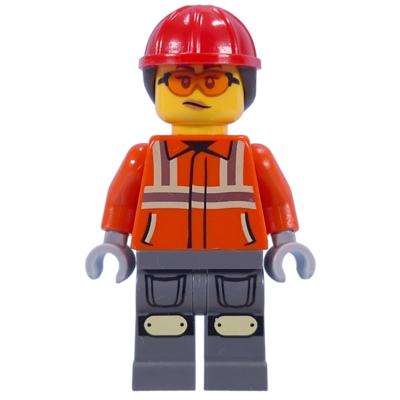 Ouvrier de chantier, veste orange rougeâtre, casque de chantier rouge avec queue de cheval (Construction Worker, Reddish Orange Jacket, Red Hard Hat with Ponytail)