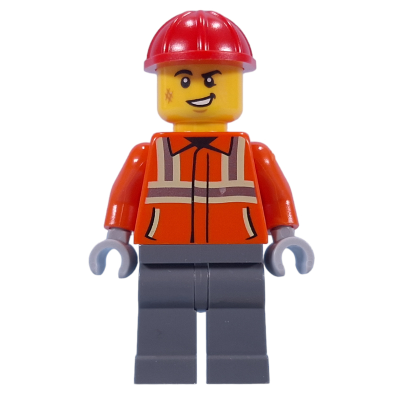 Ouvrier de chantier, veste orange rougeâtre, casque de chantier rouge (Construction Worker, Reddish Orange Jacket, Red Hard Hat)