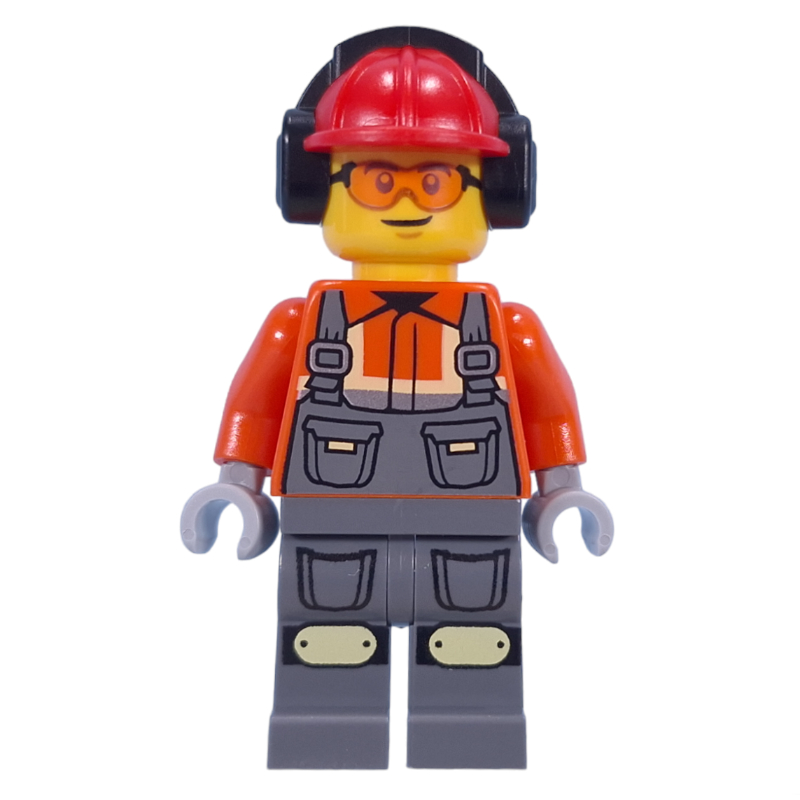 Travailleur de la construction, veste orange rougeâtre, ensemble, casque de chantier rouge avec protection de l'oreille (Construction Worker, Reddish Orange Jacket, Overall, Red Hard Hat with Ear Protection)