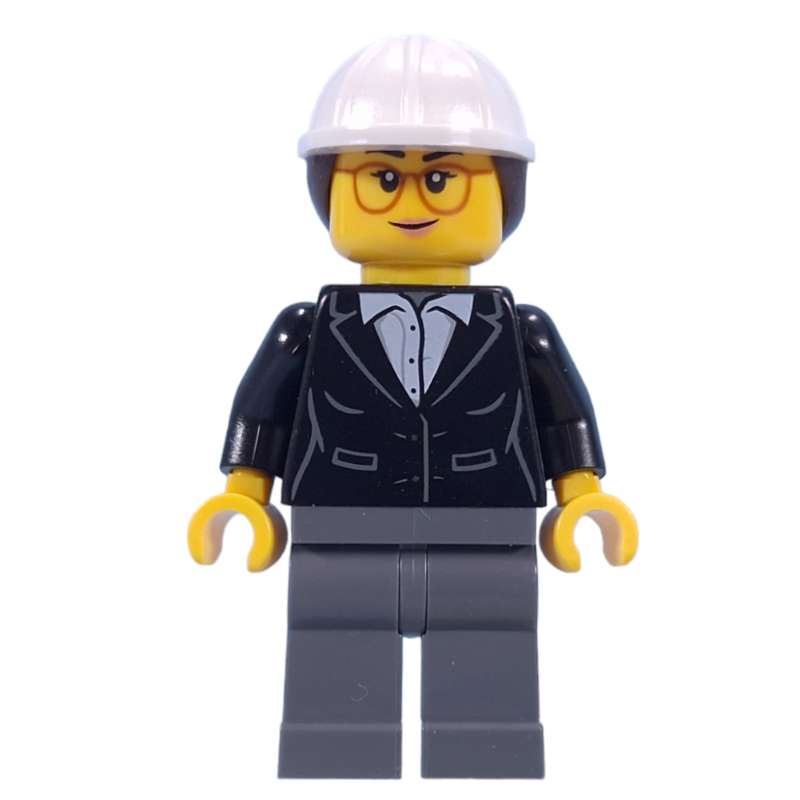 Superviseur de la construction, veste noire, casque de chantier blanc avec queue de cheval (Construction Supervisor, Black Jacket, White Hard Hat with Ponytail)