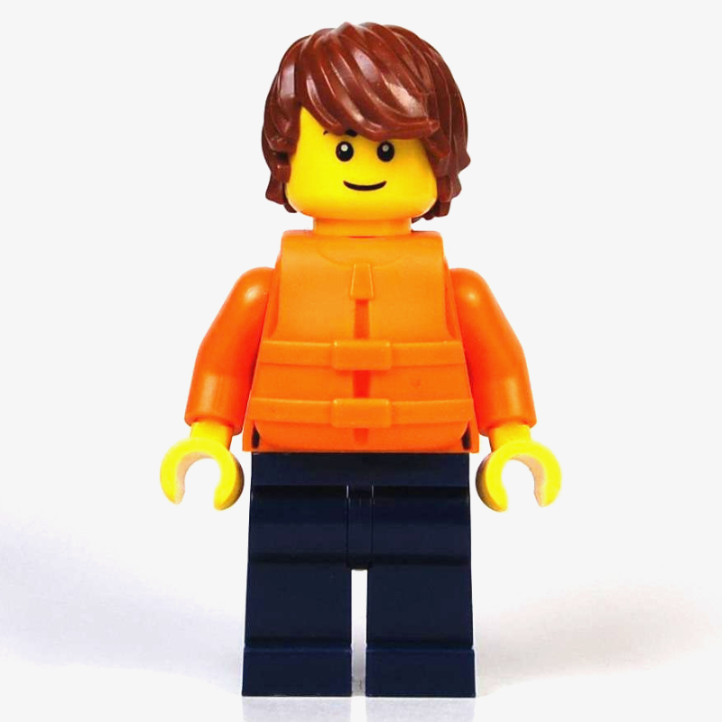 Juste jason, torse orange, jambes bleu foncé, cheveux brun rougeâtre, gilet de sauvetage orange (Just Jason, Orange Torso, Dark Blue Legs, Reddish Brown Hair, Orange Life Vest)