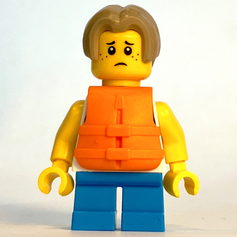 Enfant, torse blanc, jambes azur foncé, cheveux brun foncé, gilet de sauvetage orange (Kid, White Torso, Dark Azure Legs, Dark Tan Hair, Orange Life Vest)