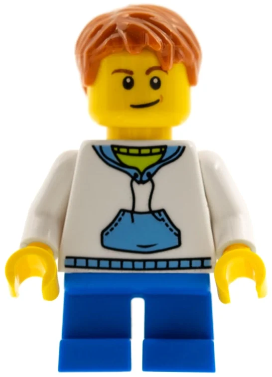 Garçon, sweat à capuche blanc et bleu, courtes jambes bleues, cheveux orange foncé, 3626cpr0499 tête (Boy, White and Blue Hoodie, Short Blue Legs, Dark Orange Hair, 3626cpr0499 Head)