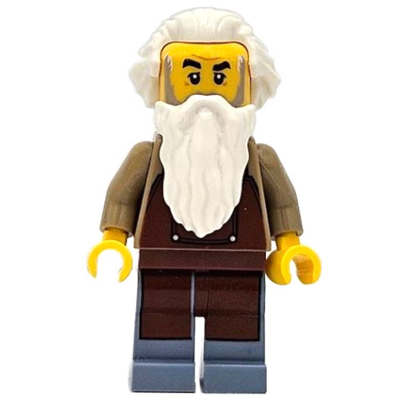 Employé ferroviaire, torse beige foncé, jambes bleu sable, tablier brun rougeâtre, barbe blanche (Train Worker, Dark Tan Torso, Sand Blue Legs, Reddish Brown Apron, White Beard)