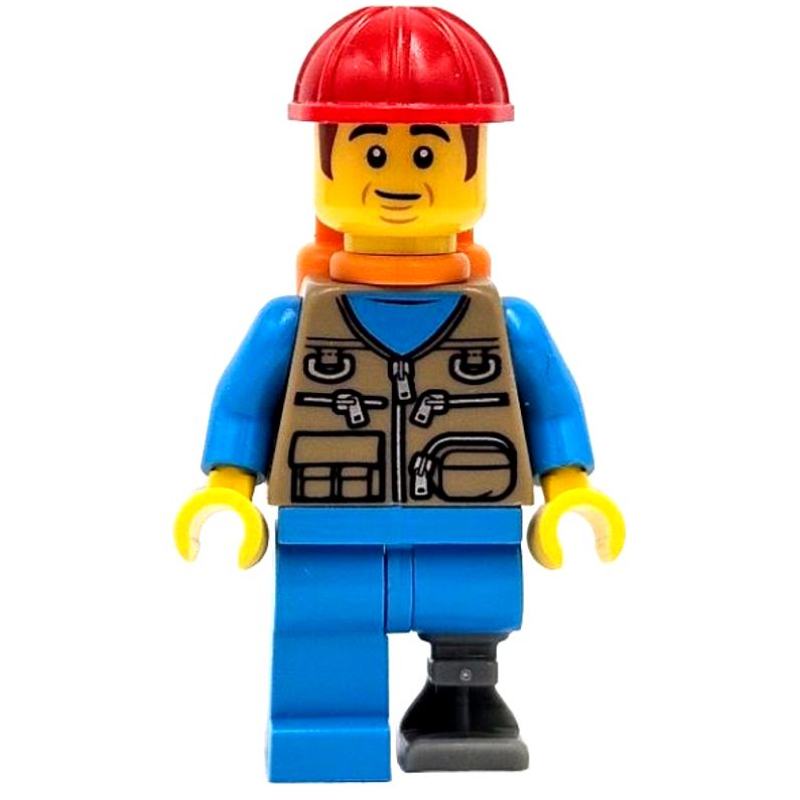 Travail de train, torse beige foncé, jambes azur foncé, jambe prothétique, chapeau rouge, réservoirs d'air orange (Train Work, Dark Tan Torso, Dark Azure Legs, Prosthetic Leg, Red Hat, Orange Air Tanks)
