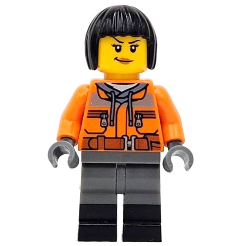 Ouvrier du train, torse orange, jambes gris bleuté foncé, bottes noires, cheveux noirs (Train Worker, Orange Torso, Dark Bluish Grey Legs, Black Boots, Black Hair)