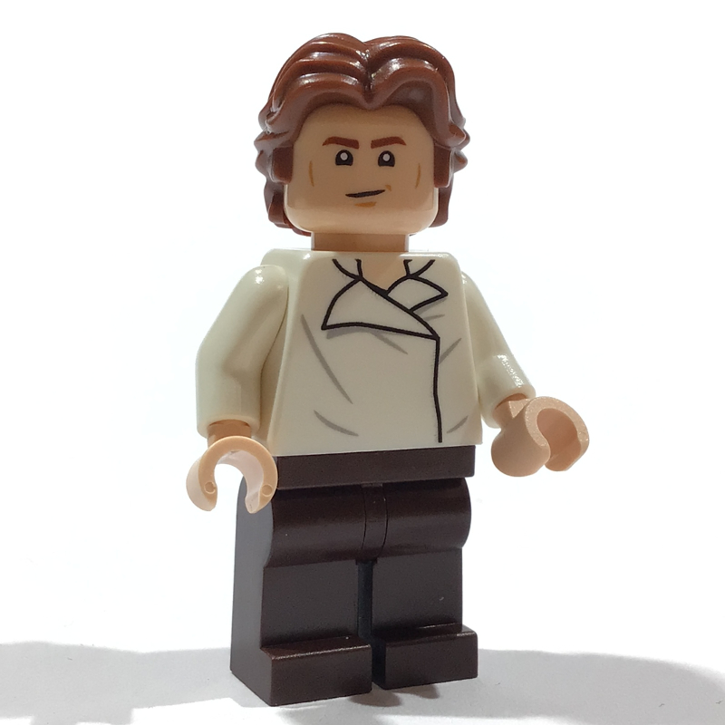 Han Solo, chemise blanche, jambes brun foncé, double face bouche ouverte / yeux fermés avec bouche ouverte, cheveux ébouriffés (Han Solo, White Shirt, Dark Brown Legs, Dual Sided Head Open Mouth / Closed Eyes with Open Mouth, Ruffled Hair)