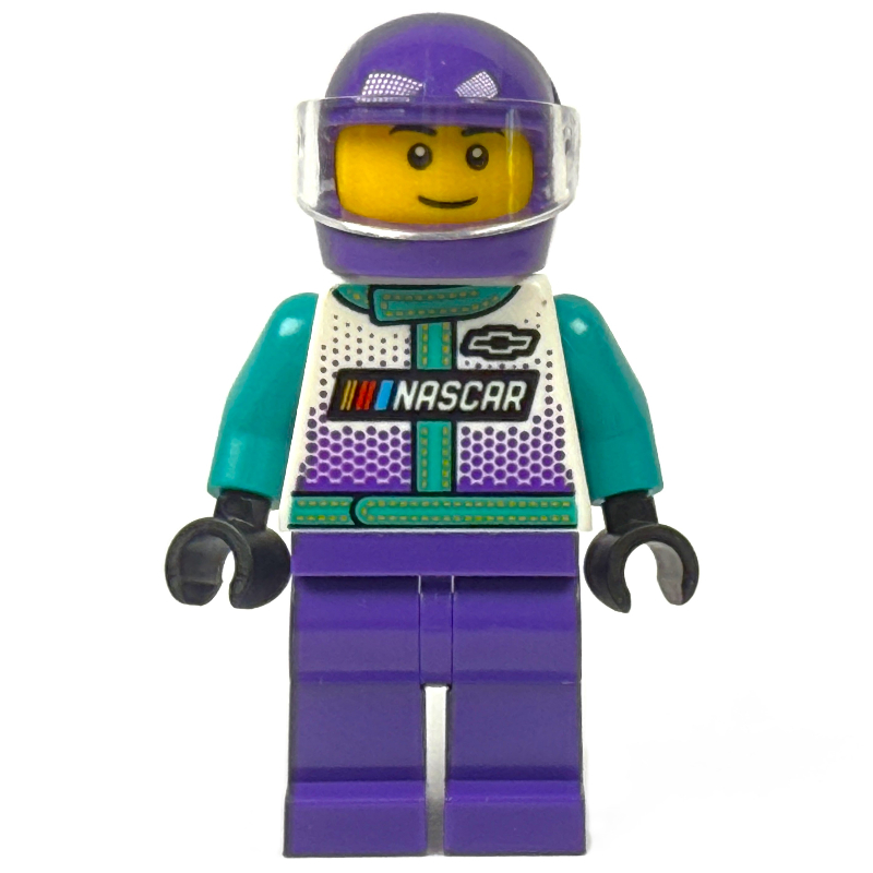 Pilote de course, turquoise foncé, costume de course blanc et violet foncé, casque violet foncé (Race Driver, Dark Turquoise, White, and Dark Purple Race Suit, Dark Purple Helmet)