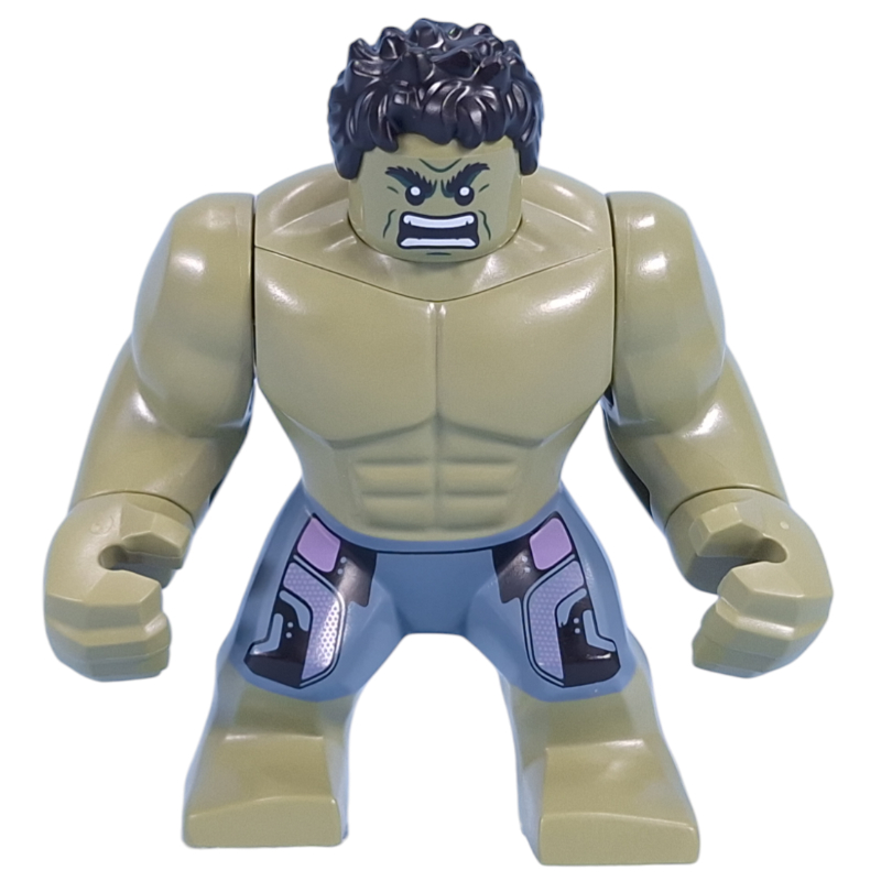 Hulk (grande figue), vert olive, cheveux noirs, tête amovible, pantalon bleu sable (Hulk (Big Fig), Olive Green, Black Hair, Removable Head, Sand Blue Pants)