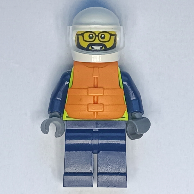 Policier, gilet de police jaune vibrant, gilet de sauvetage orange, casque blanc (Police Officer, Vibrant Yellow Police Vest, Orange Life Jacket, White Helmet)