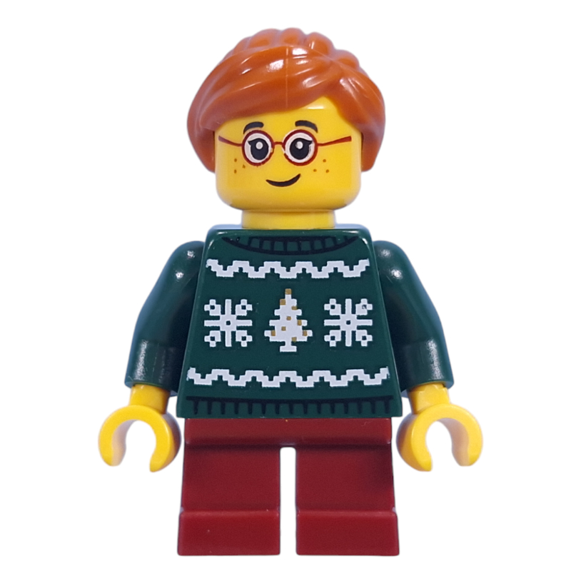 Enfant, pull vert foncé, jambes rouge foncé, cheveux orange foncé (Kid, Dark Green Sweater, Dark Red Legs, Dark Orange Hair)