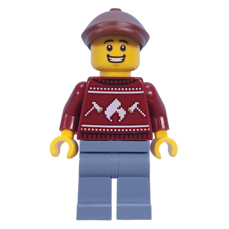 Pull rouge foncé, jambes bleu sable, casquette brun rougeâtre (Dark Red Sweater, Sand Blue Legs, Reddish Brown Cap)