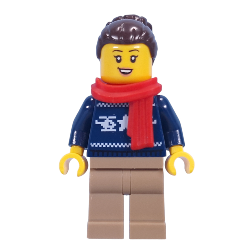 Pull bleu foncé, jambes beige foncé, cheveux brun foncé, écharpe rouge (Dark Blue Sweater, Dark Tan Legs, Dark Brown Hair, Red Scarf)