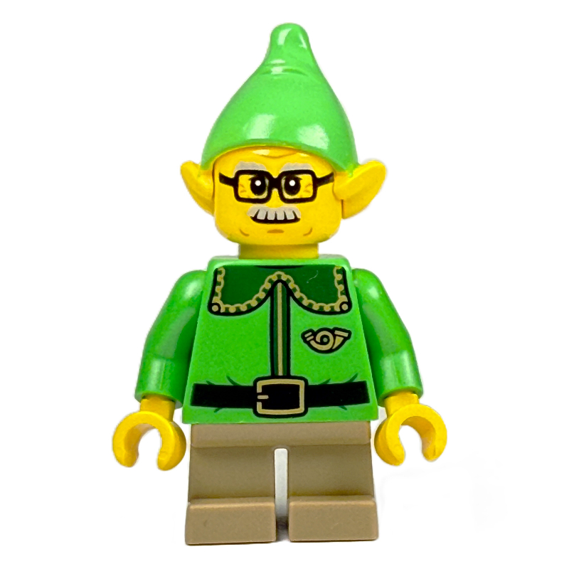 Elfe / elfe postal - torse vert vif, jambes beige foncé, chapeau vert vif, lunettes et moustache (Elf / Postal Elf - Bright Green Torso, Dark Tan Legs, Bright Green Hat, Glasses and Moustache)
