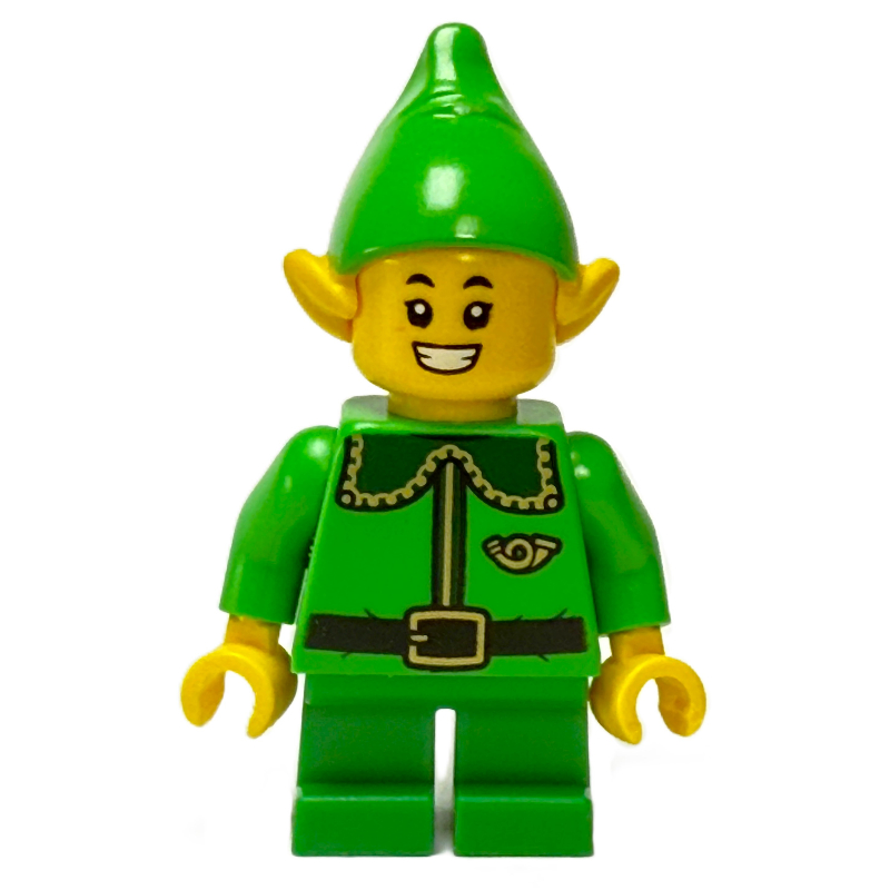 Elfe / elfe postal - torse vert vif, jambes vertes, chapeau vert vif, col vert foncé, sourire aux dents (Elf / Postal Elf - Bright Green Torso, Green Legs, Bright Green Hat, Dark Green Collar, Teeth Smile)