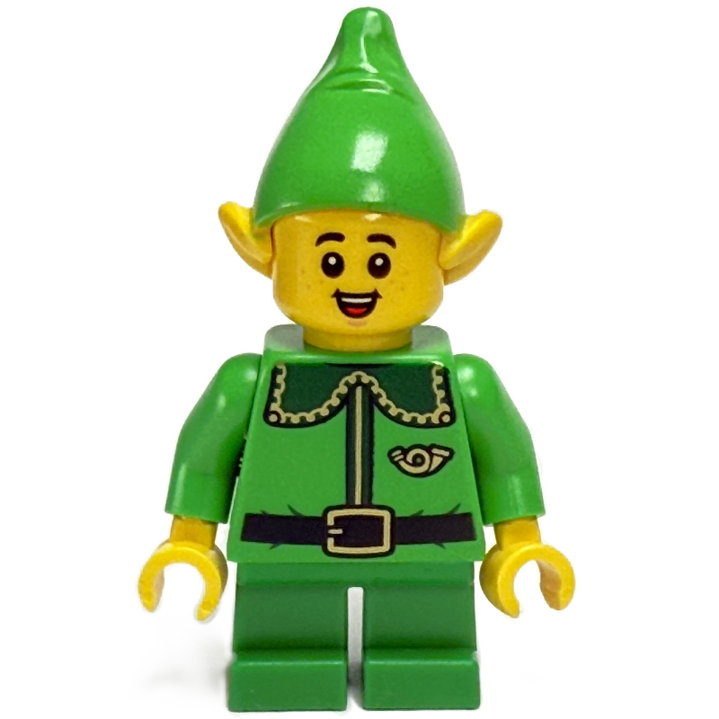 Elfe / postal elfe - torse vert vif, jambes vertes, chapeau vert vif, col vert foncé, sourire bouche ouverte (Elf / Postal Elf - Bright Green Torso, Green Legs, Bright Green Hat, Dark Green Collar, Open Mouth Smile)