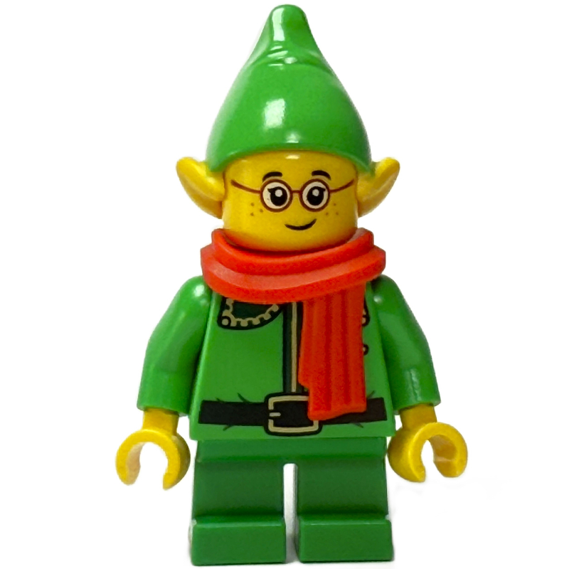 Elf / postal elf - torse vert vif, jambes vertes, chapeau vert vif, col vert foncé, écharpe rouge (Elf / Postal Elf - Bright Green Torso, Green Legs, Bright Green Hat, Dark Green Collar, Red Scarf)