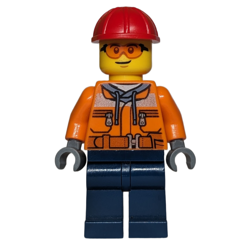 Travailleur de la construction, veste de sécurité orange, jambes bleu foncé, casque de chantier rouge (Construction Worker, Orange Safety Jacket, Dark Blue Legs, Red Hard Hat)