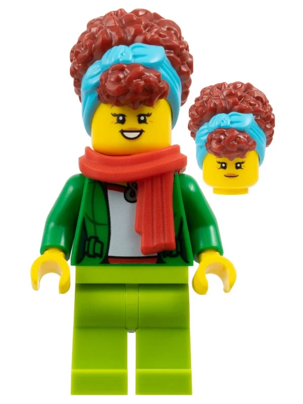 Torse vert, jambes de vert citron, cheveux rouge foncé, écharpe (Green Torso, Lime Legs, Dark Red Hair, Scarf)