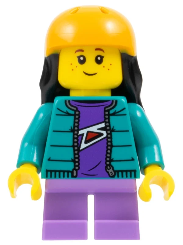 Enfant - torse turquoise foncé, jambes lavande moyen, casque orange clair vif, cheveux noirs (Kid - Dark Turquoise Torso, Medium Lavender Legs, Bright Light Orange Helmet, Black Hair)
