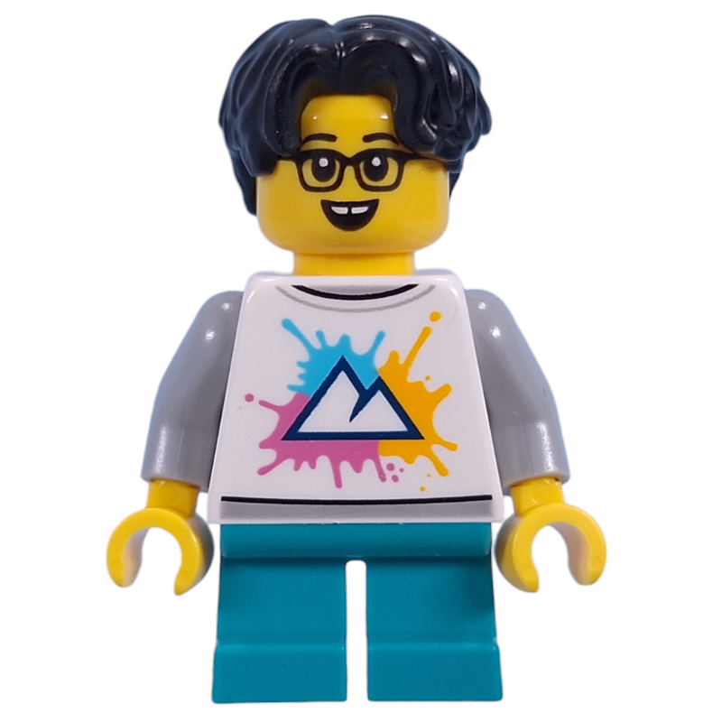 Enfant - torse blanc avec des montagnes, jambes turquoise foncé, cheveux noirs (Kid - White Torso with Mountains, Dark Turquoise Legs, Black Hair)