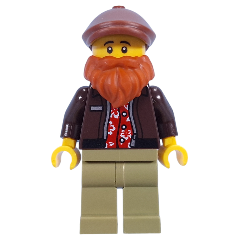 Photographe, torse brun foncé, jambes vert olive, casquette brun rougeâtre, barbe (Photographer, Dark Brown Torso, Olive Green Legs, Reddish Brown Cap, Beard)