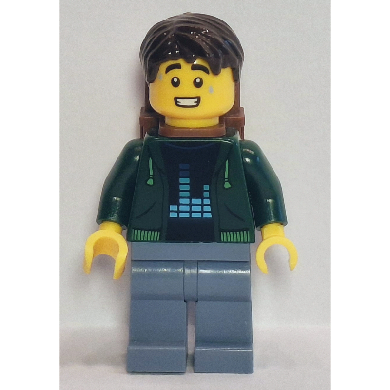 Passager, torse vert foncé, jambes bleu sable, cheveux brun foncé, sac à dos (Passenger, Dark Green Torso, Sand Blue Legs, Dark Brown Hair, Backpack)
