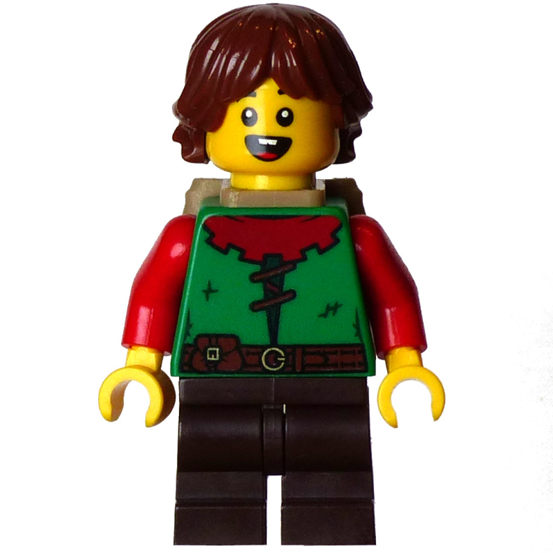 Elfe, torse vert, jambes brun foncé, cheveux brun rougeâtre, sac à dos (Elf, Green Torso, Dark Brown Legs, Reddish Brown Hair, Backpack)