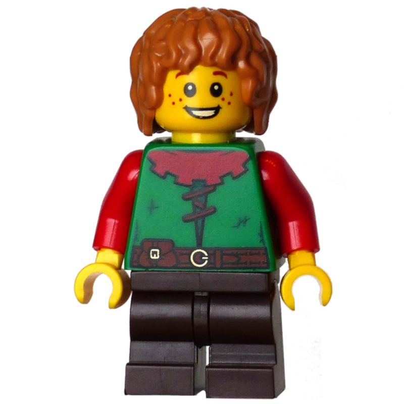 Elfe, torse vert, jambes brun foncé, cheveux nougat moyen (Elf, Green Torso, Dark Brown Legs, Medium Nougat Hair)