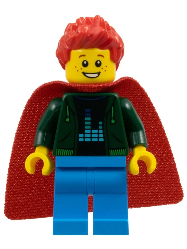 Super héros, torse vert foncé, jambes azur foncé, cheveux roux, cape (Super Hero, Dark Green Torso, Dark Azure Legs, Red Hair, Cape)